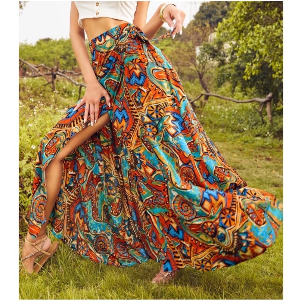 Boho Gypsy Festival Print Tie Maxi Skirt S M L XL - Picture 5 of 5